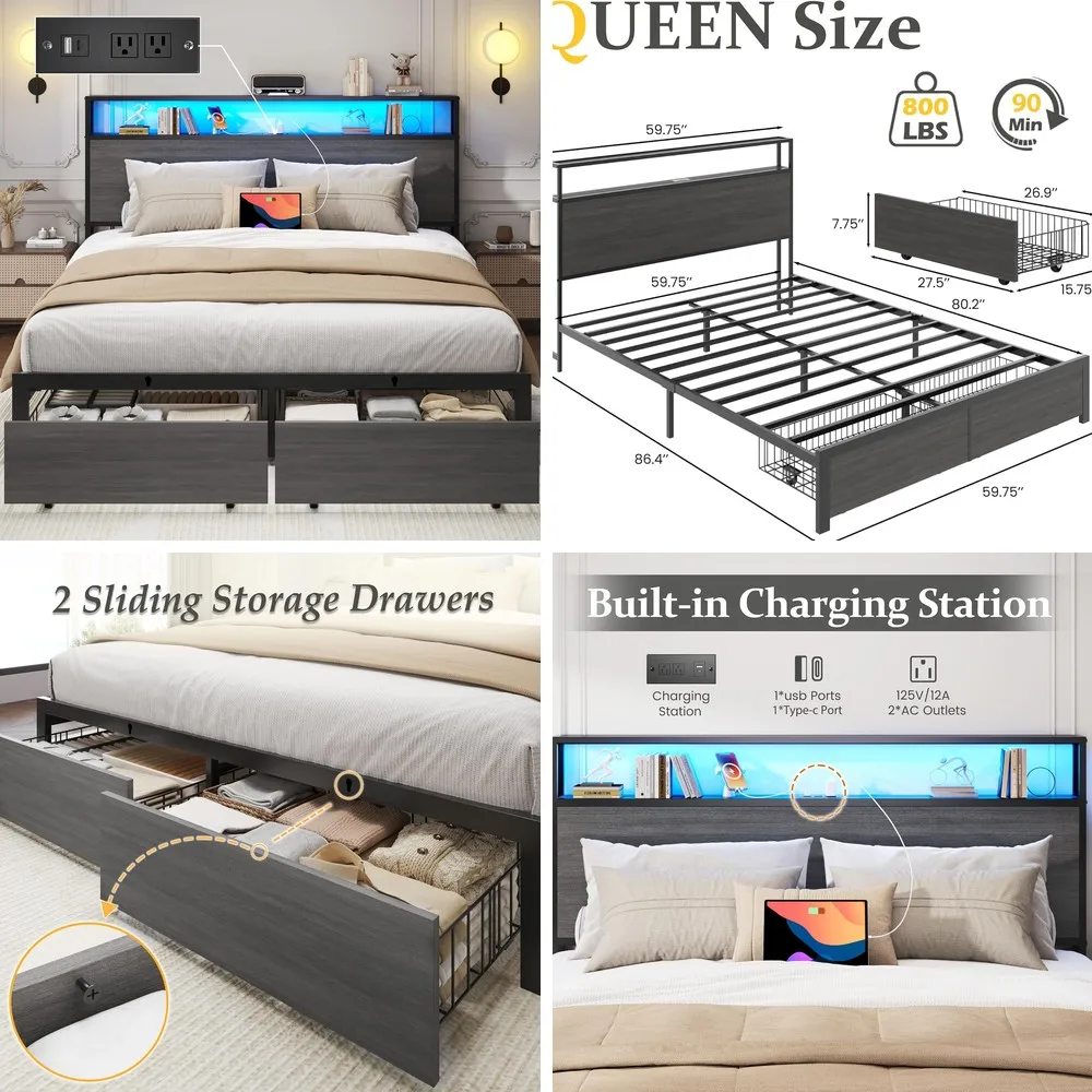 Queen Bed Frame with Storage Headboard, Drawers, Charging Station & LED Lights, Noise-Free, Easy Assembly, Rustic Grey
Queen Bed Frame with Storage Headboard, Drawers, Charging Station & LED Lights, Noise-Free, Easy Assembly, Rustic Grey