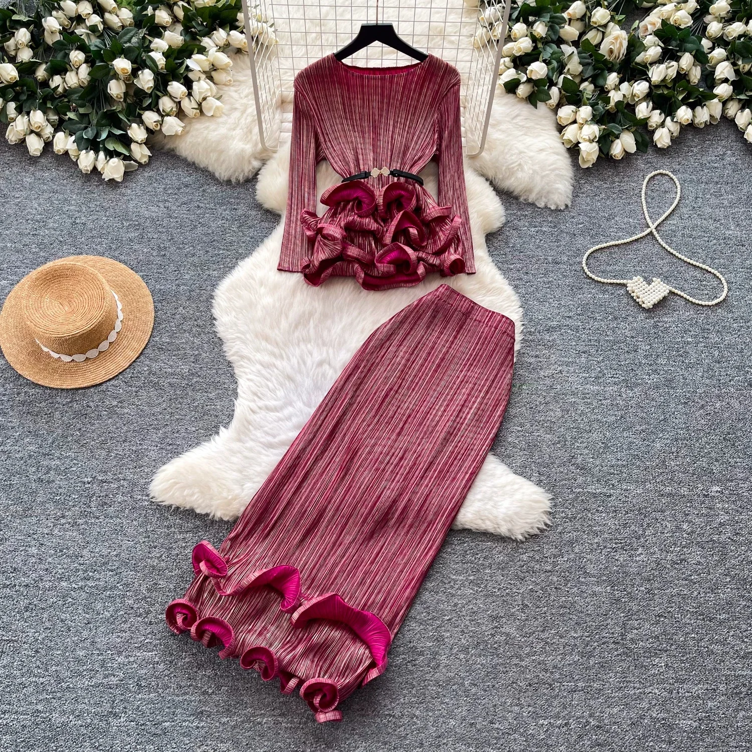 Clothland Women Elegant Ruffled Suit Long Sleeve Belt Shirt Elastic Waist Midi Skirts Vintage Two Piece Set Mujer TA782
Clothland Women Elegant Ruffled Suit Long Sleeve Belt Shirt Elastic Waist Midi Skirts Vintage Two Piece Set Mujer TA782