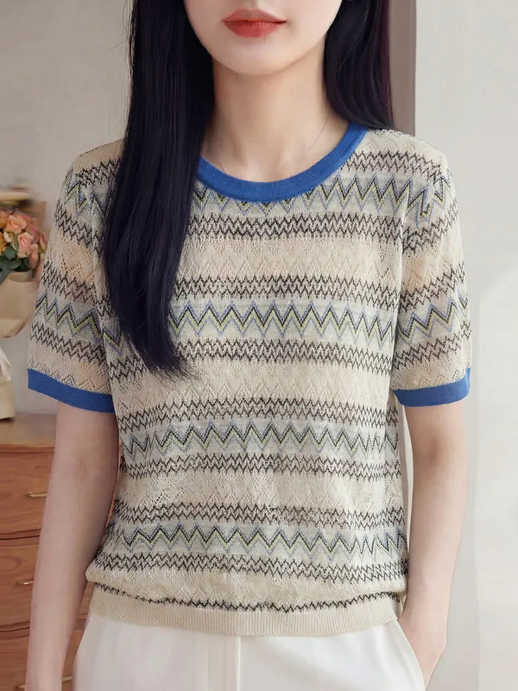 Bohemian Style Color Block Stripe round Neck Short Sleeve Loose Knitted Top Shoulder Enhancing Whitening Effect T-Shirt
Bohemian Style Color Block Stripe round Neck Short Sleeve Loose Knitted Top Shoulder Enhancing Whitening Effect T-Shirt