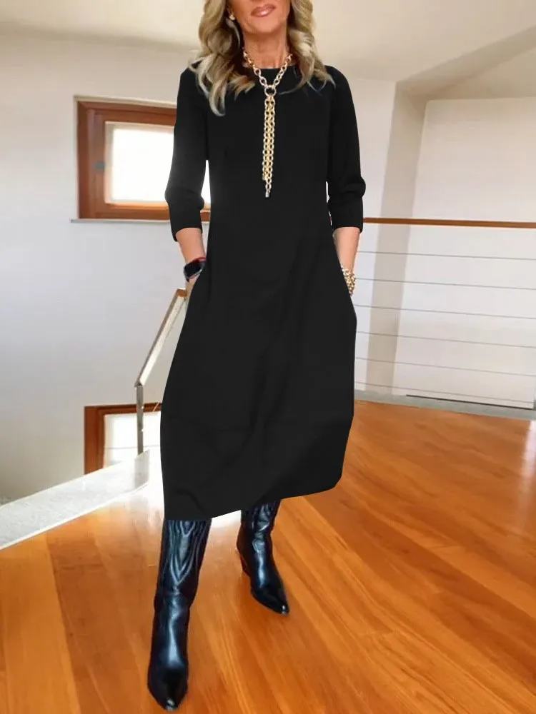 New Elegant Solid Color Midi Dress Women Loose Casual Round Neck Long Sleeved Office Dresses Female Spring Autumn 2025
New Elegant Solid Color Midi Dress Women Loose Casual Round Neck Long Sleeved Office Dresses Female Spring Autumn 2025