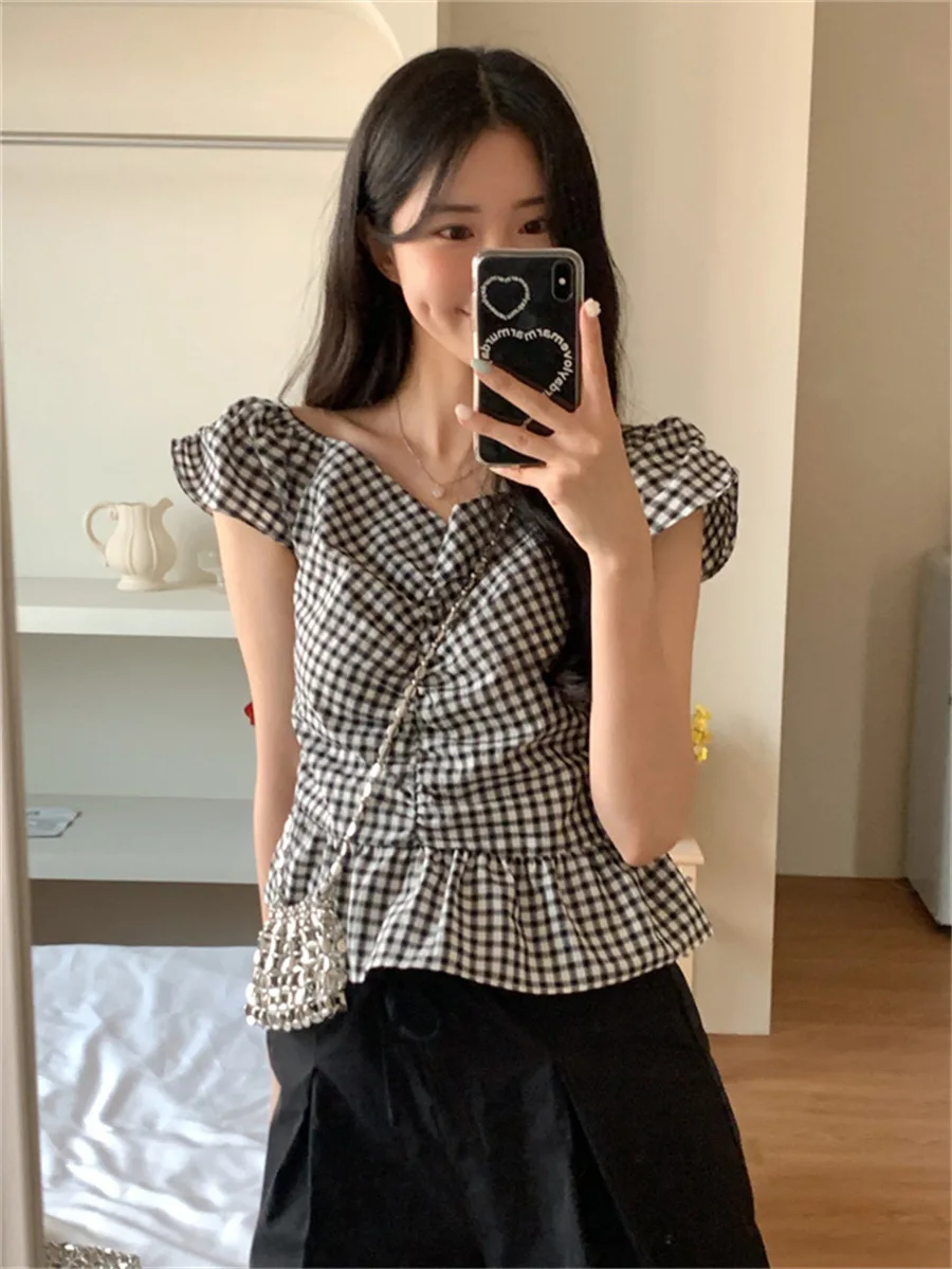 Summer Plaid Shirt Women's Sweet Style Slim Fit Cotton Polyester V-neck Puff Sleeve Short Sleeve Folded Hemline Breathable
Summer Plaid Shirt Women's Sweet Style Slim Fit Cotton Polyester V-neck Puff Sleeve Short Sleeve Folded Hemline Breathable