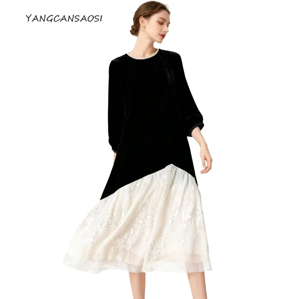Women's Autumn/Winter New 30% Natural Mulberry Silk Velvet Nail Bead Round Neck Lantern Long Sleeved Loose A-line Splicing Dress
Women's Autumn/Winter New 30% Natural Mulberry Silk Velvet Nail Bead Round Neck Lantern Long Sleeved Loose A-line Splicing Dress