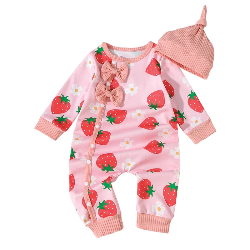 Baby Girls Sweatshirts Rompers Strawberry Floral Print Bowknot Long Sleeve Jumpsuits Fall Clothes Bodysuits with Hat
Baby Girls Sweatshirts Rompers Strawberry Floral Print Bowknot Long Sleeve Jumpsuits Fall Clothes Bodysuits with Hat