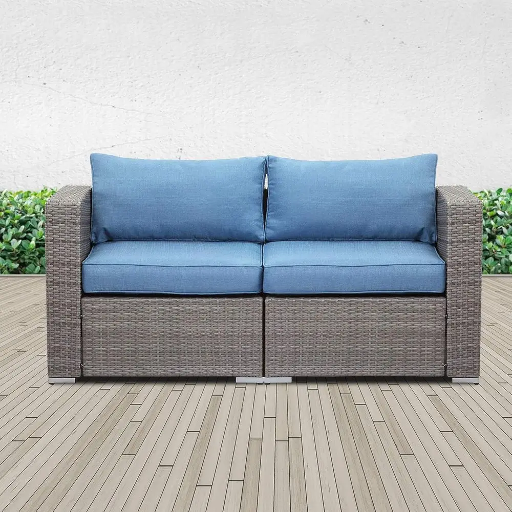 All-Weather Rattan Outdoor Patio Sectional Wicker Loveseat with Blue Cushion
All-Weather Rattan Outdoor Patio Sectional Wicker Loveseat with Blue Cushion