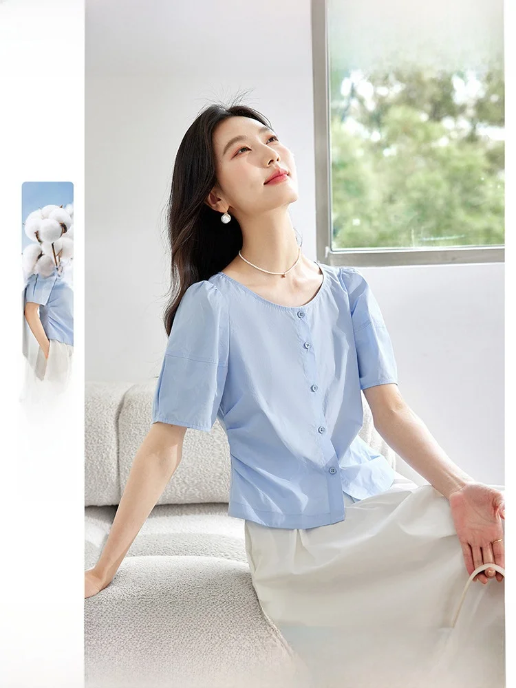 Slim Fit round Neck Short Sleeve Shirt Women's Short Style 2026 Summer New Fashion Blue Casual Shirt Elegant Thin Top
Slim Fit round Neck Short Sleeve Shirt Women's Short Style 2026 Summer New Fashion Blue Casual Shirt Elegant Thin Top
