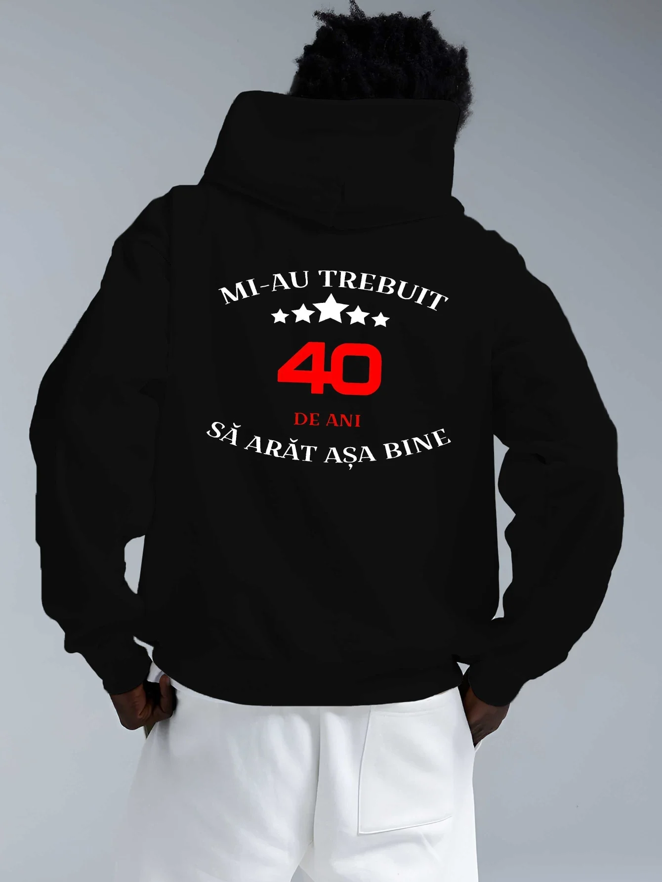 Men's Fun Romanian Birthday Hoodie - Romanian phrases and 40-year design, featuring Romanian text and star print
Men's Fun Romanian Birthday Hoodie - Romanian phrases and 40-year design, featuring Romanian text and star print