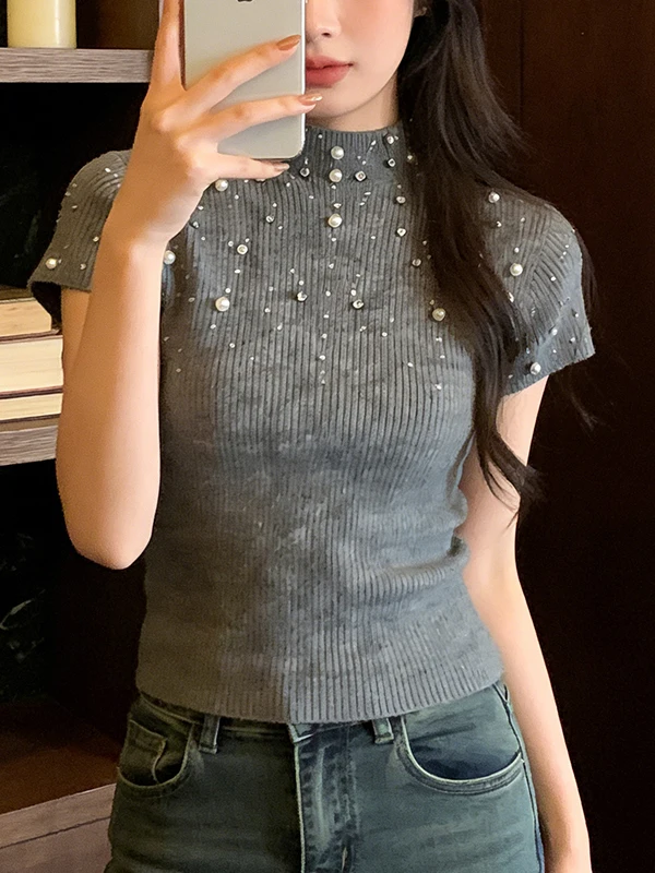 Slim Fit Short Knit Shirt Pearl Decorated Korean Style Commute Fashion Women's Summer New Arrival Breathable Soft Material
Slim Fit Short Knit Shirt Pearl Decorated Korean Style Commute Fashion Women's Summer New Arrival Breathable Soft Material