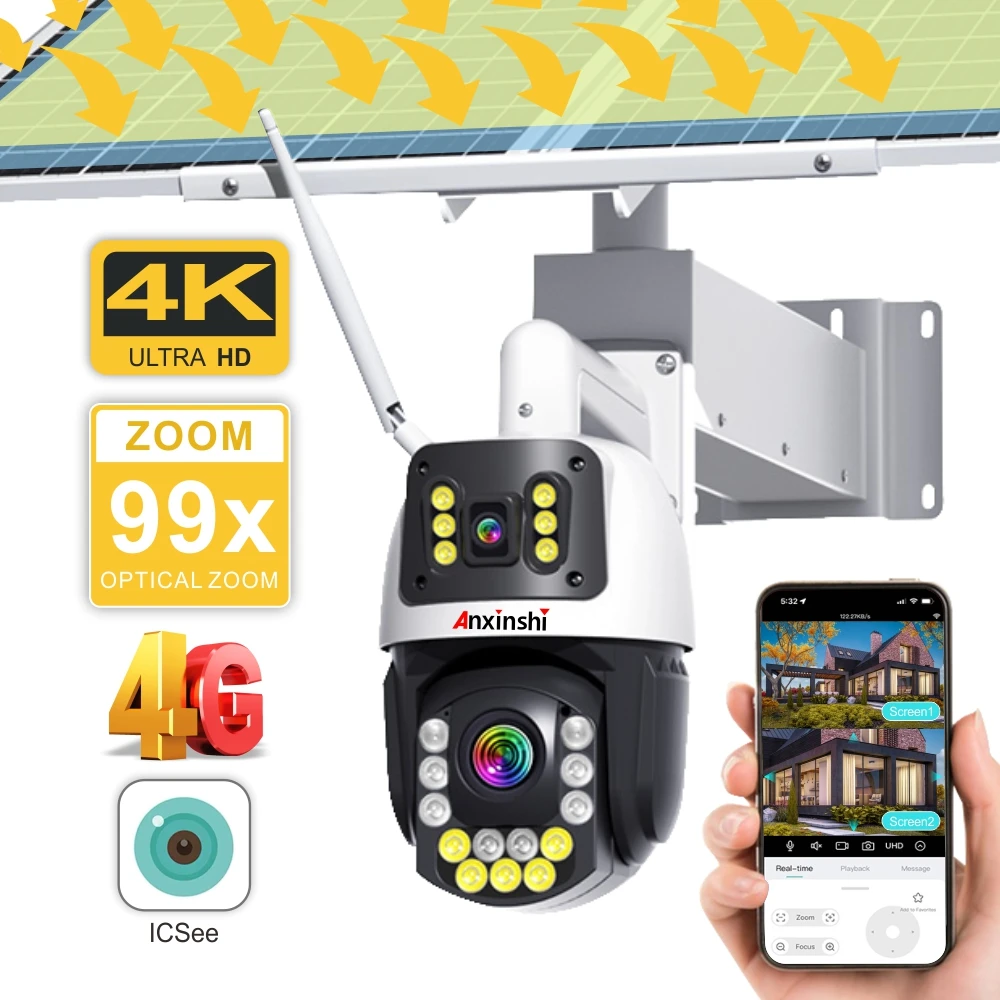Anxinshi 4K 8MP PTZ 4G Sim WiFi 99X Zoom 60W 40A Solar Camera Security Protection Cam POE Outdoor Protection CCTV iCSee
Anxinshi 4K 8MP PTZ 4G Sim WiFi 99X Zoom 60W 40A Solar Camera Security Protection Cam POE Outdoor Protection CCTV iCSee