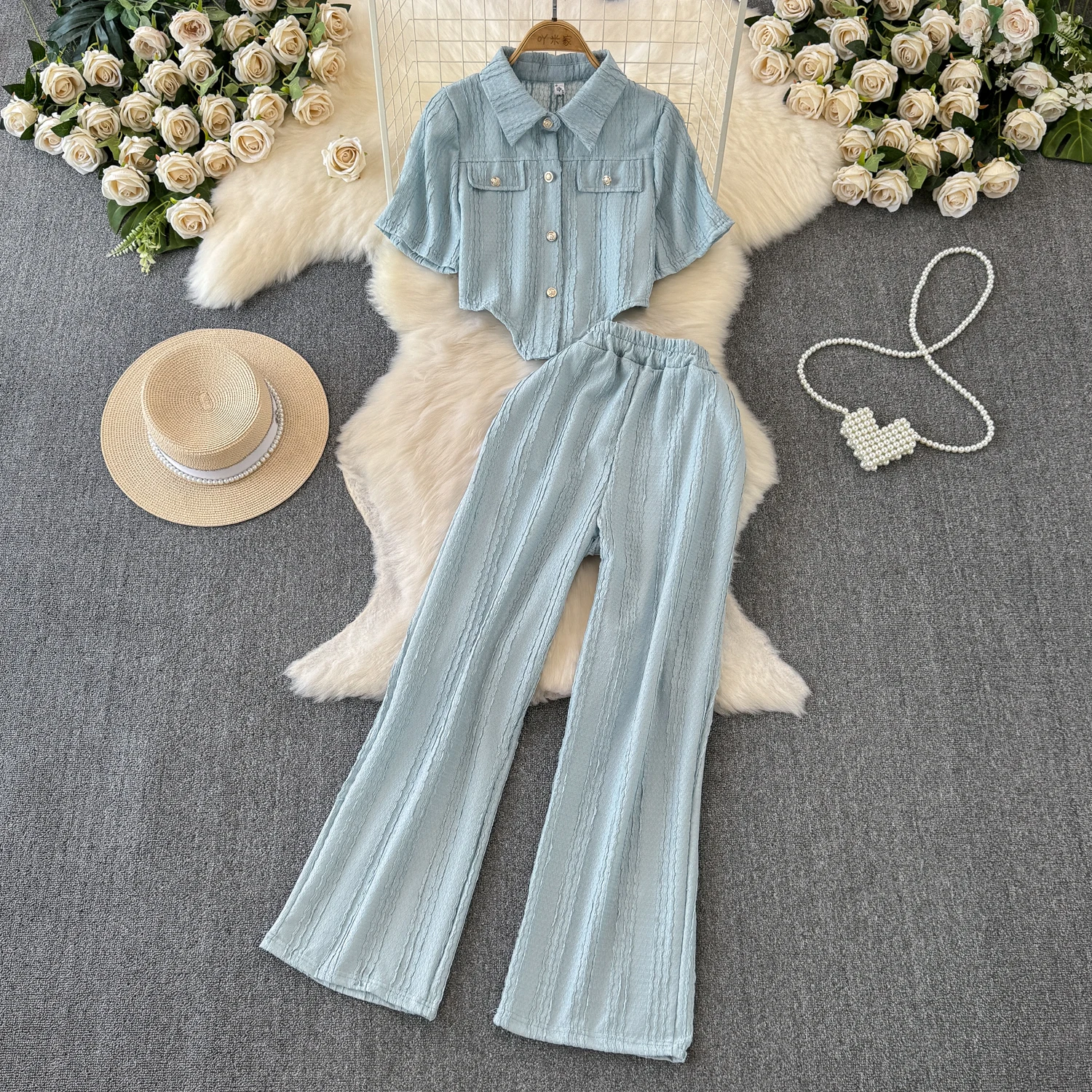 Spring Summer Women Ruched Chiffon Shirts Single Breasted Irregular Blouses Single Breasted Crop Tops + Wide Leg Pants 2Pcs Set
Spring Summer Women Ruched Chiffon Shirts Single Breasted Irregular Blouses Single Breasted Crop Tops + Wide Leg Pants 2Pcs Set