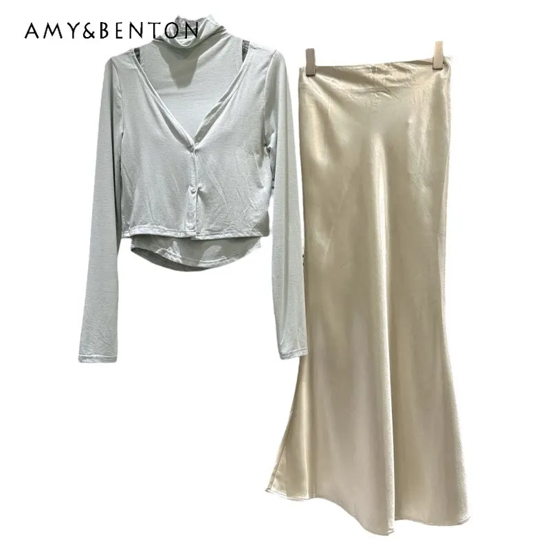 2026 Summer New Turtleneck Women's Vests Temperament Cardigan Jackets French Design Satin Fishtail Skirt Three-piece Sets Ladies
2026 Summer New Turtleneck Women's Vests Temperament Cardigan Jackets French Design Satin Fishtail Skirt Three-piece Sets Ladies