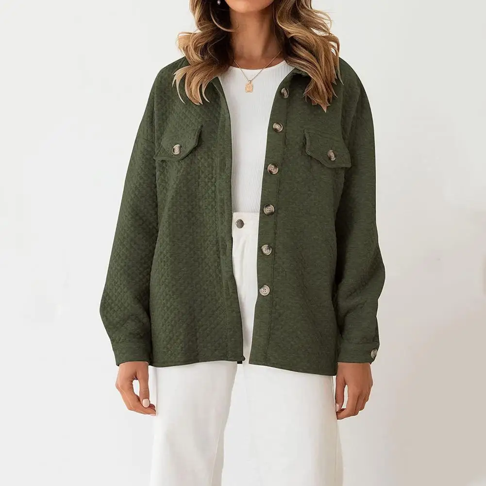 Women Autumn Winter Solid Color Jacket Lapel Long Sleeve Single Breasted Quilted Shirt Fake Pockets Waffle Pattern Outwear
Women Autumn Winter Solid Color Jacket Lapel Long Sleeve Single Breasted Quilted Shirt Fake Pockets Waffle Pattern Outwear