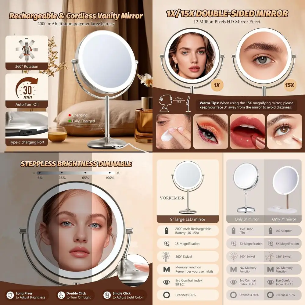 9 перезаряжаемых зеркал для макияжа со светодиодной подсветкой, 360° ° Вращение, сенсорный экран, двусторонняя отделка из матового никеля
9 перезаряжаемых зеркал для макияжа со светодиодной подсветкой, 360° ° Вращение, сенсорный экран, двусторонняя отделка из матового никеля