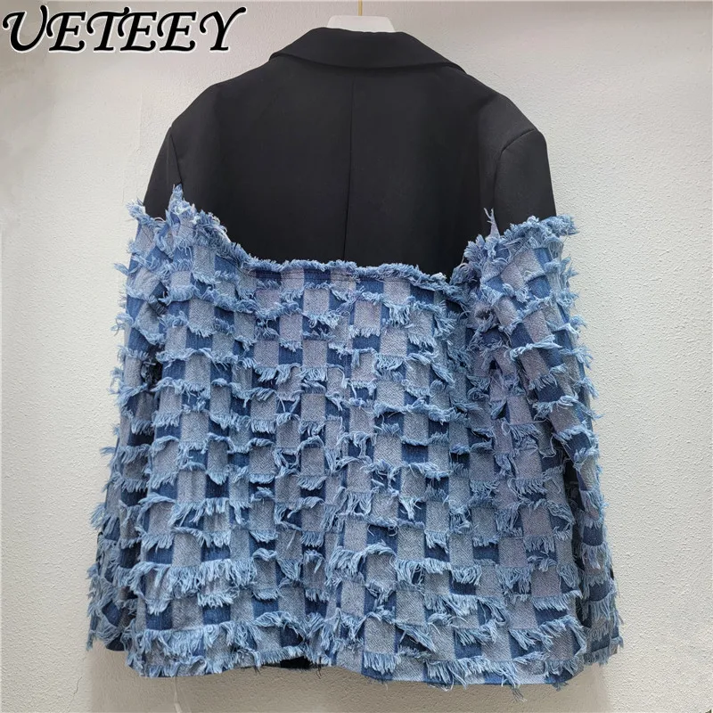 Fashion Design Tassel Denim Patchwork Black Blue Blazer Women 2025 Spring Autumn New High-end Unique Casual Small Suit Blazer
Fashion Design Tassel Denim Patchwork Black Blue Blazer Women 2025 Spring Autumn New High-end Unique Casual Small Suit Blazer