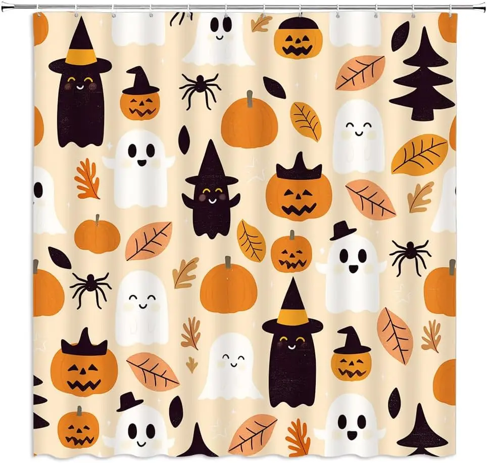 Занавеска для душа на Хэллоуин, милый призрак, тыквы, черный паук, кленовые листья, шляпа ведьмы, праздничный мультфильм, декор для ванной комнаты, шторы
Занавеска для душа на Хэллоуин, милый призрак, тыквы, черный паук, кленовые листья, шляпа ведьмы, праздничный мультфильм, декор для ванной комнаты, шторы