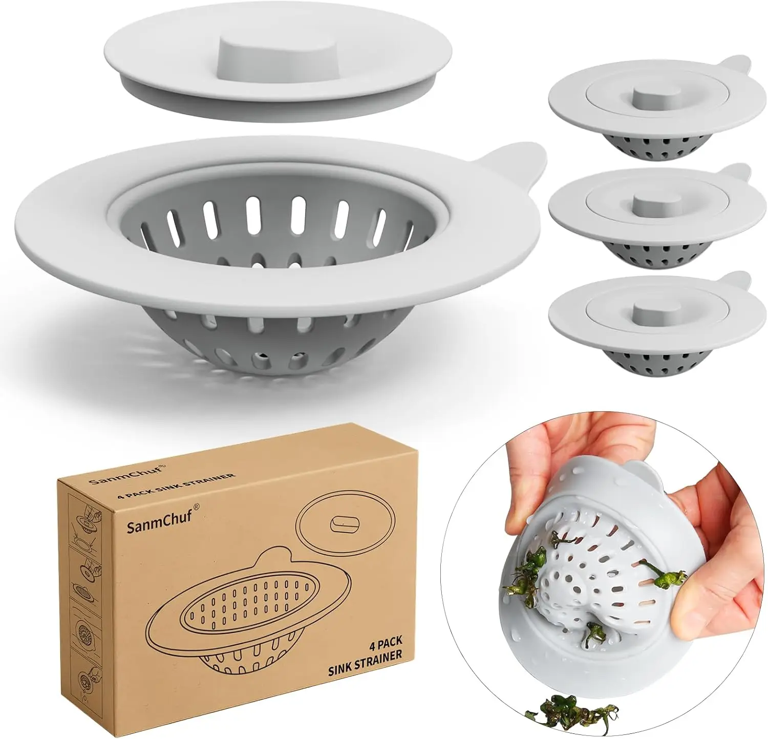4 Pack Silicone Kitchen Sink Drain Catcher with Lid, 4.4" Top / 3" Mesh Basket, Grey Strainers for 3.1-3.9 Inch Openings
4 Pack Silicone Kitchen Sink Drain Catcher with Lid, 4.4" Top / 3" Mesh Basket, Grey Strainers for 3.1-3.9 Inch Openings