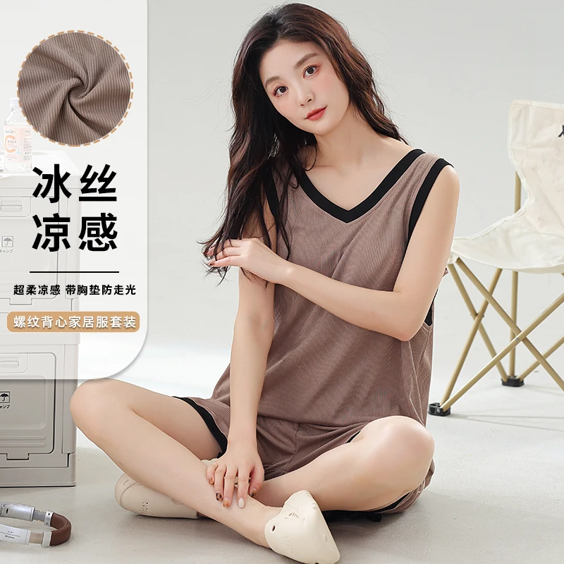 Korean Ice Silk Modal Cool Summer Sleepwear with Bra pad for Women V Neck Sleeveless Top Shorts Nightwear Young girl Female
Korean Ice Silk Modal Cool Summer Sleepwear with Bra pad for Women V Neck Sleeveless Top Shorts Nightwear Young girl Female