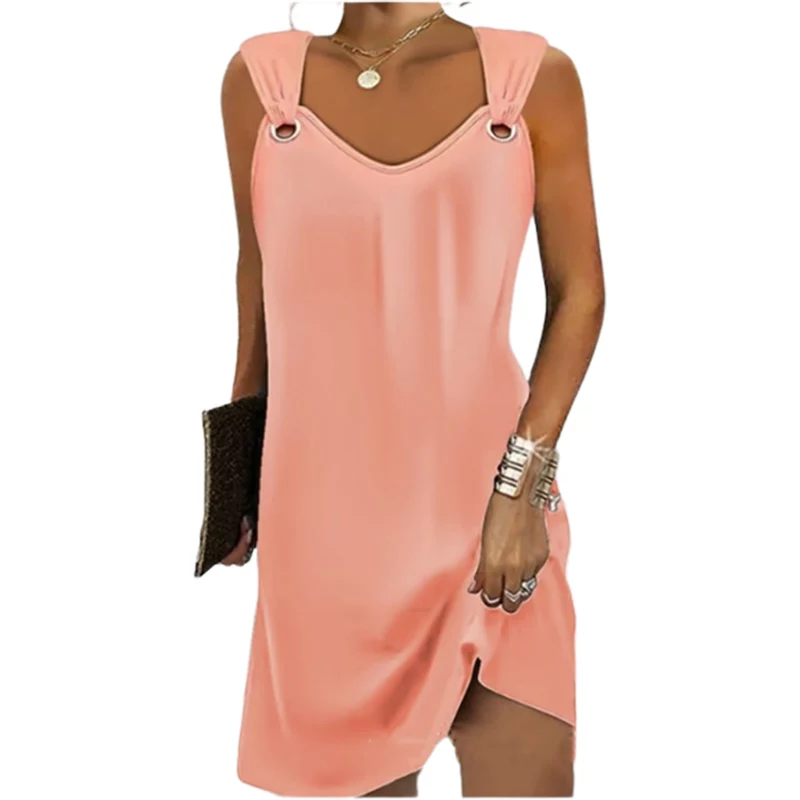Fashion Metal Ring Suspenders Dresses Female Summer Sleeveless V Neck Solid Color Gown Women Comfortable Casual Commuter Dressy
Fashion Metal Ring Suspenders Dresses Female Summer Sleeveless V Neck Solid Color Gown Women Comfortable Casual Commuter Dressy