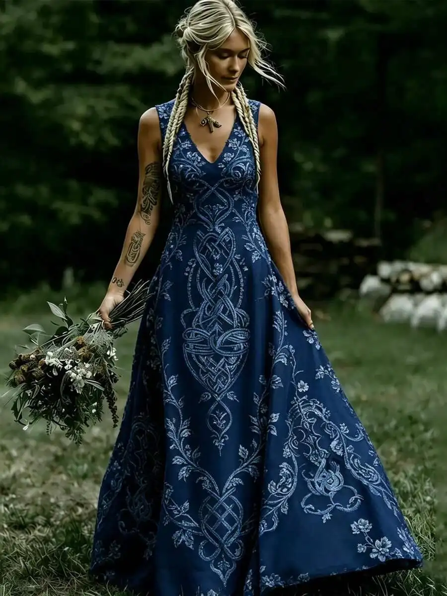 Blue Floral Celtic Knot Print V-Neck Sleeveless Long Dress Polyester Boho Style
Blue Floral Celtic Knot Print V-Neck Sleeveless Long Dress Polyester Boho Style
