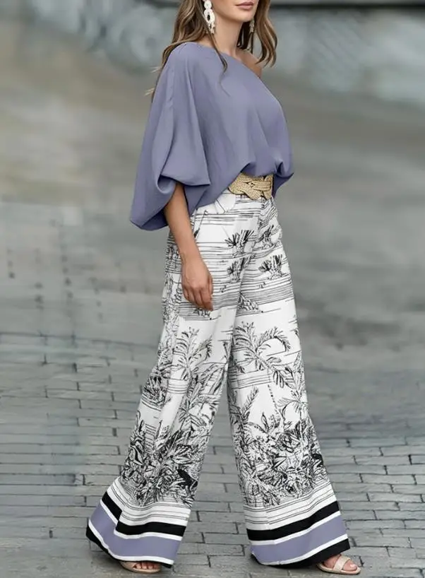 2025 2-Piece Set of Slanted Neck Bat Sleeve Loose Top and Printed Zipper Striped Border Wide Leg Pants Set, Without Waistband
2025 2-Piece Set of Slanted Neck Bat Sleeve Loose Top and Printed Zipper Striped Border Wide Leg Pants Set, Without Waistband