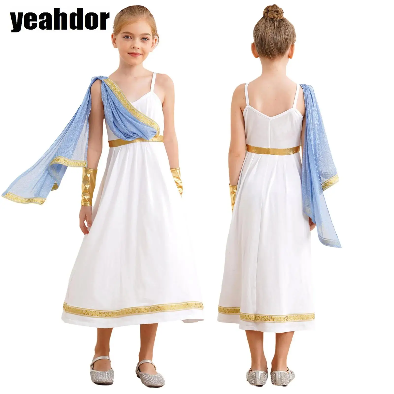 Girls Ancient Greek Princess Costume Cape Gold Trims Greece Roman Toga Dress with Arm Sleeve Halloween Cosplay Athena Gown Sets
Girls Ancient Greek Princess Costume Cape Gold Trims Greece Roman Toga Dress with Arm Sleeve Halloween Cosplay Athena Gown Sets