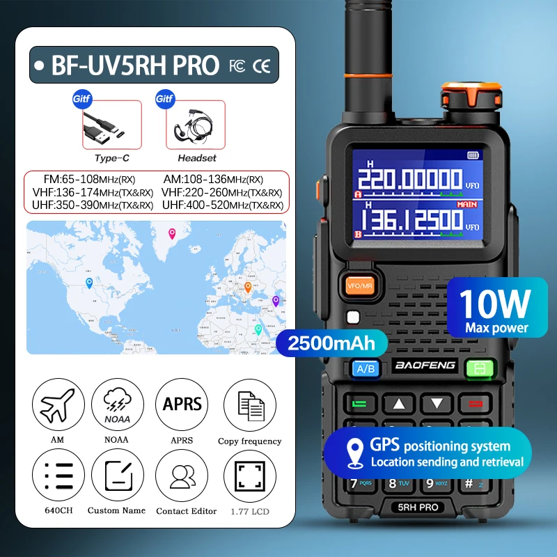 BAOFENG 5RH Pro GPS Handheld Radio Multi-Band USB-C Charging Radio Copy Frequency 640 Channels Walkie Talkie 10W High Power APRS
BAOFENG 5RH Pro GPS Handheld Radio Multi-Band USB-C Charging Radio Copy Frequency 640 Channels Walkie Talkie 10W High Power APRS