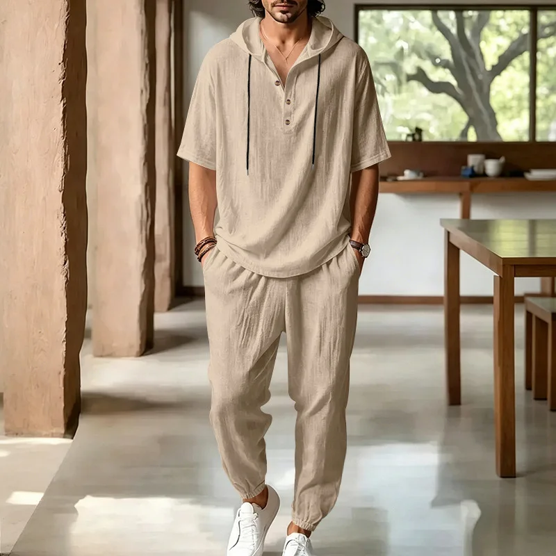 Summer Men's 2Pcs Solid Flax Outfit with Hood Half Button Short Sleeve Top And Drawstring Cuffed Pants for Beach Loose Breathabl
Summer Men's 2Pcs Solid Flax Outfit with Hood Half Button Short Sleeve Top And Drawstring Cuffed Pants for Beach Loose Breathabl