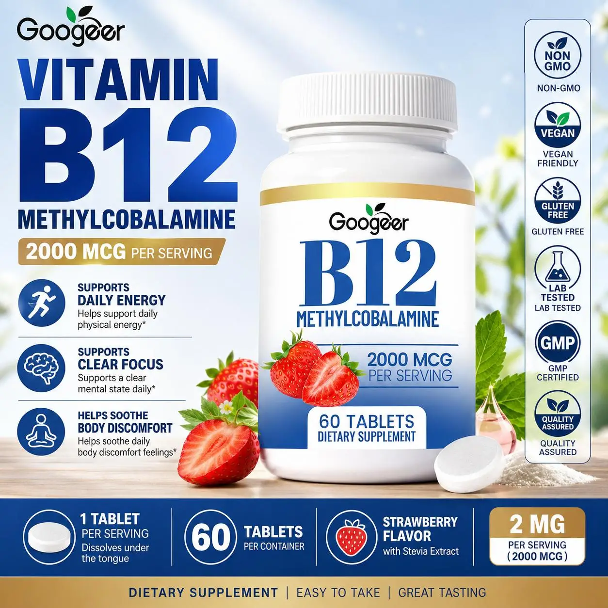 Googeer Vitamin B12 Sublingual Tablets 2000mcg Methylcobalamin Strawberry Flavor with Stevia Easy Daily Support 60 Tablets
Googeer Vitamin B12 Sublingual Tablets 2000mcg Methylcobalamin Strawberry Flavor with Stevia Easy Daily Support 60 Tablets