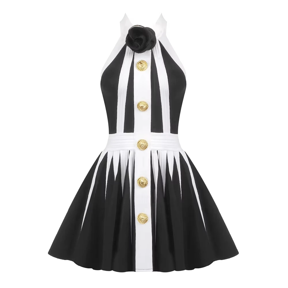 2025 Women's Striped Short Skirt Summer New Sleeveless 3D Flower Slimming Knitted Dress Women's Hanging Neck Zipper Back Dress
2025 Women's Striped Short Skirt Summer New Sleeveless 3D Flower Slimming Knitted Dress Women's Hanging Neck Zipper Back Dress