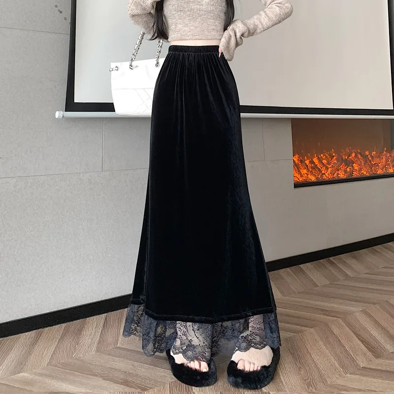 Black Long Skirt Women Lace Splice Velvet High Waist Saias Elegant A-line Faldas Para Mujeres Falda Larga Jupe Longue Saia Preta
Black Long Skirt Women Lace Splice Velvet High Waist Saias Elegant A-line Faldas Para Mujeres Falda Larga Jupe Longue Saia Preta