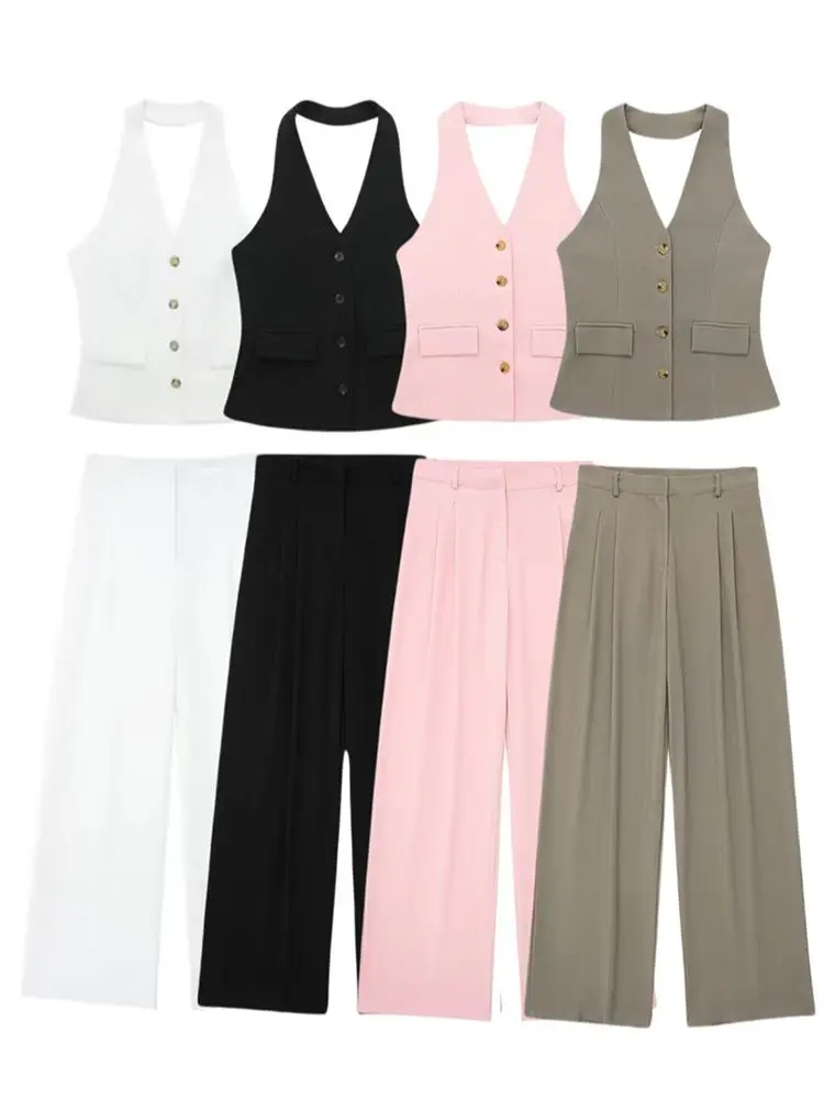2025SanSheng Women 2 Piece Set Halter Neck Single-Breasted Pocket Sleeveless Halter Vest Tops+High Waist Zipper Pockets Wide Leg
2025SanSheng Women 2 Piece Set Halter Neck Single-Breasted Pocket Sleeveless Halter Vest Tops+High Waist Zipper Pockets Wide Leg