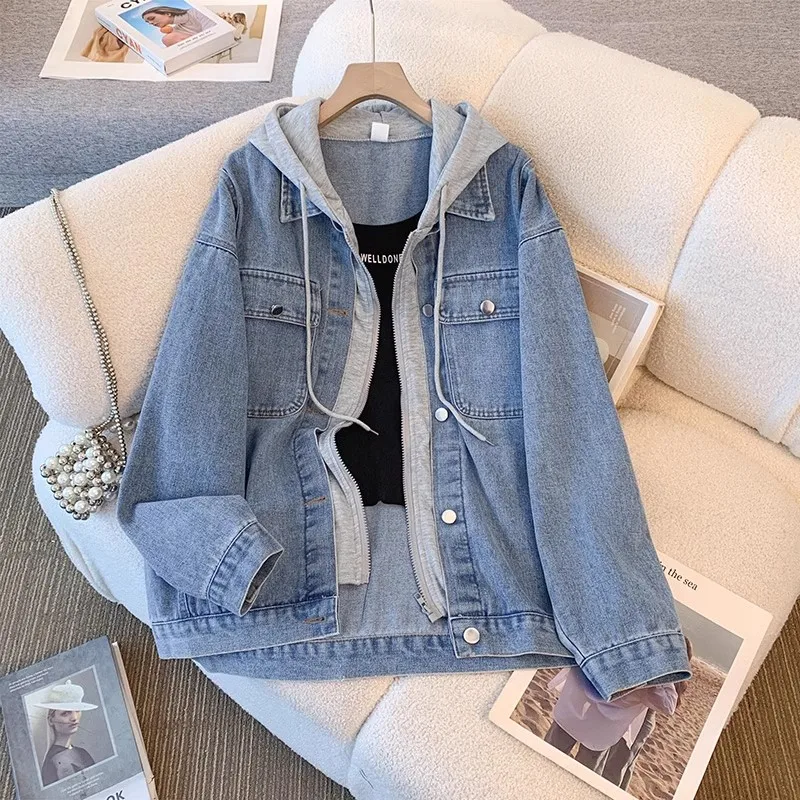 Fake Two-Piece Patchwork Hooded Denim Jacket Women Spring Autumn New Loose Casual Big Pocket Long Sleeve Jeans Jacket White Gray
Fake Two-Piece Patchwork Hooded Denim Jacket Women Spring Autumn New Loose Casual Big Pocket Long Sleeve Jeans Jacket White Gray