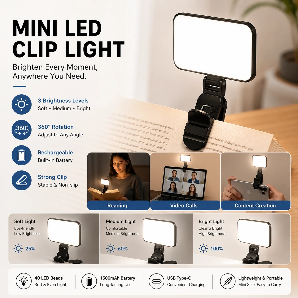 Mini Selfie Fill Light Rechargeable 3 Color Modes Adjustable Brightness Clip Mobile Phones Computers Photography With data cable
Mini Selfie Fill Light Rechargeable 3 Color Modes Adjustable Brightness Clip Mobile Phones Computers Photography With data cable