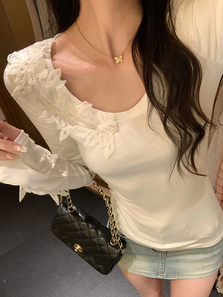 Linyener White Lace Splicing Long Sleeve T-Shirt Women's Slim Fit Knitted Base Shirt Spring Casual Style High Waist Pure Color
Linyener White Lace Splicing Long Sleeve T-Shirt Women's Slim Fit Knitted Base Shirt Spring Casual Style High Waist Pure Color