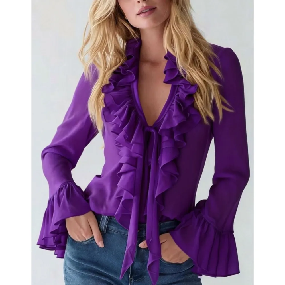 Fashion Ruffled Long Sleeve Shirt Women's Tops Spring And Summer New Casual Sexy Deep V Neck Versatile Female White Shirt 2026
Fashion Ruffled Long Sleeve Shirt Women's Tops Spring And Summer New Casual Sexy Deep V Neck Versatile Female White Shirt 2026