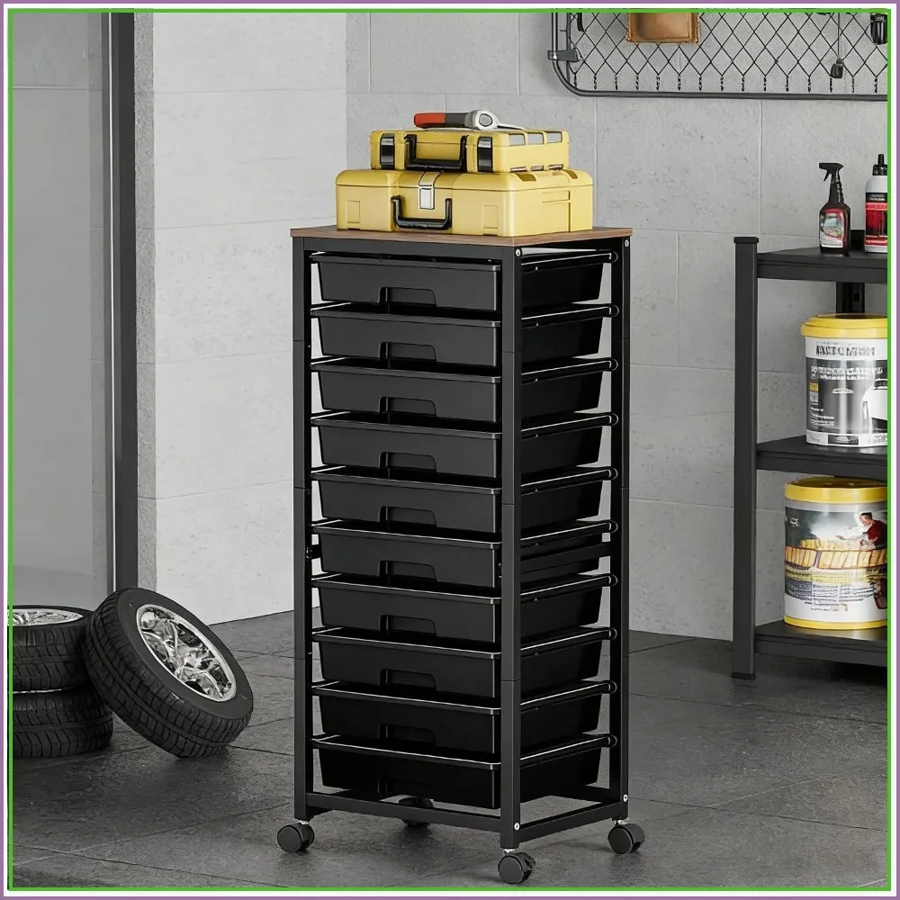10-Drawer Rolling Storage Cart with Wooden Top, Black
10-Drawer Rolling Storage Cart with Wooden Top, Black