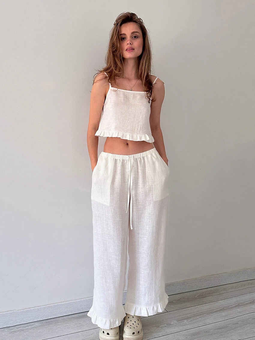 Marthaqiqi Home Clothes Women Crop Top Sleepwear Tank Tops Nightwear Spaghetti Strap Nightgowns Pants Casual Cotton Pajamas Set
Marthaqiqi Home Clothes Women Crop Top Sleepwear Tank Tops Nightwear Spaghetti Strap Nightgowns Pants Casual Cotton Pajamas Set