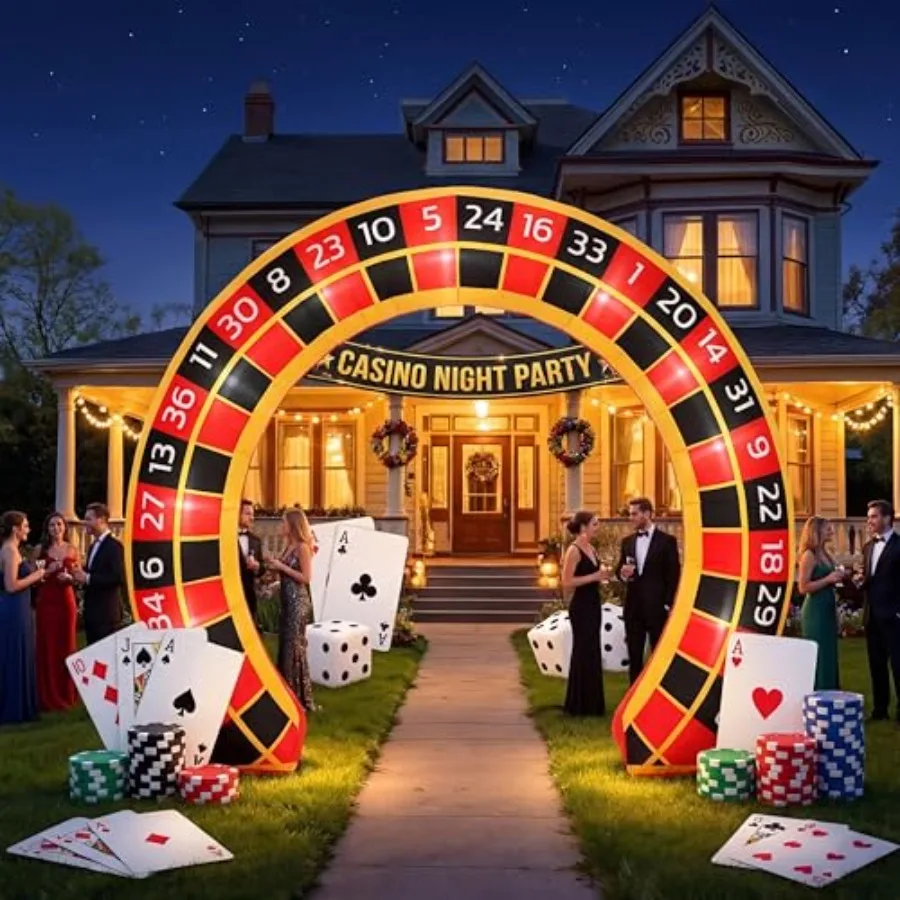 Outdoor inflatable archway decoration for yard, lawn, garden party use; PVC material, black and gold color; built-in LEDs, quic
Outdoor inflatable archway decoration for yard, lawn, garden party use; PVC material, black and gold color; built-in LEDs, quic