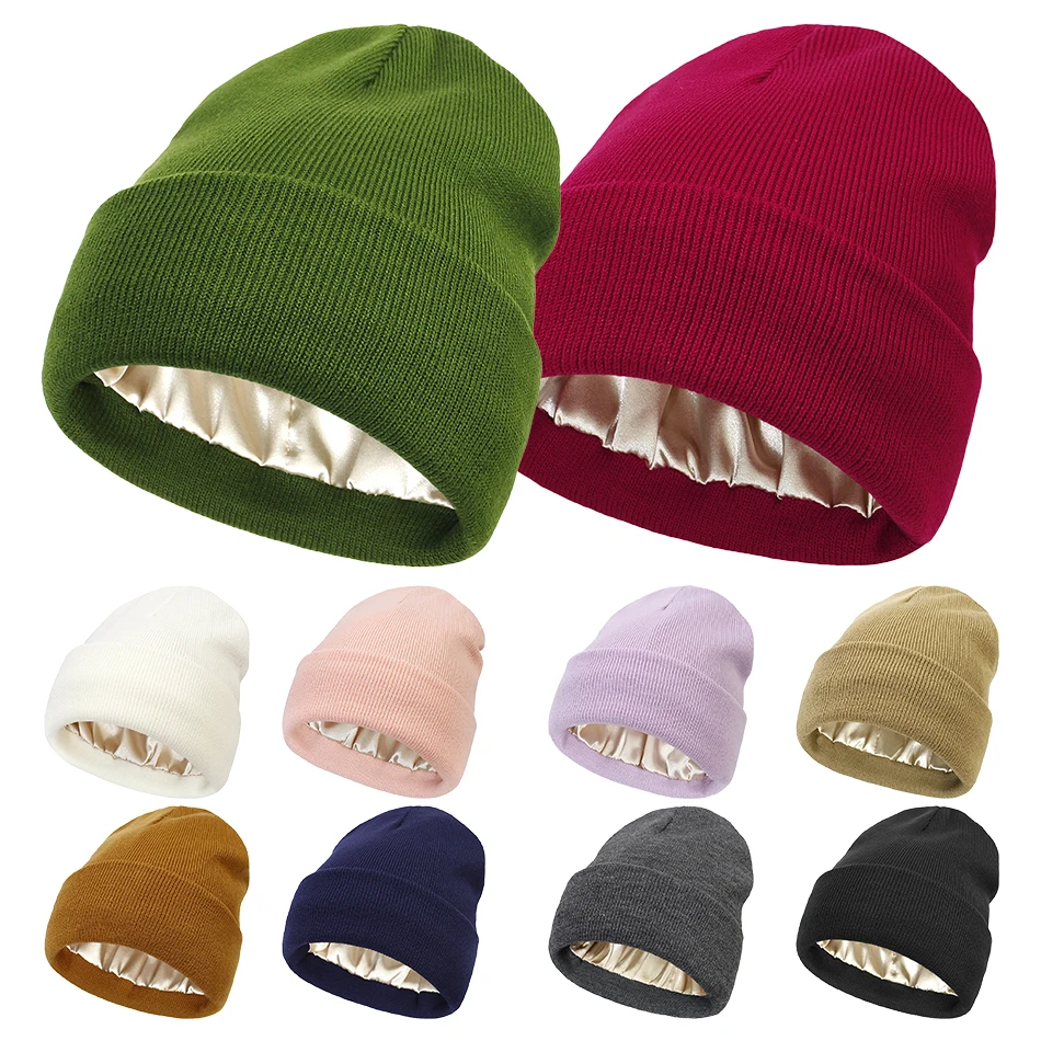 Elegant Comfortable Women Solid Color Knitted Satin Beanie Hat Autumn and Winter Warm Protective Hairstyles Hat
Elegant Comfortable Women Solid Color Knitted Satin Beanie Hat Autumn and Winter Warm Protective Hairstyles Hat