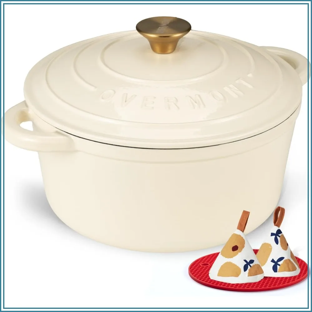 7QT Enameled Cast Iron Dutch Oven - Heavy-Duty Pot with Lid, Cookbook & Potholders for Braising, Stews, Roasting, Sourdough Baking, Cream White
7QT Enameled Cast Iron Dutch Oven - Heavy-Duty Pot with Lid, Cookbook & Potholders for Braising, Stews, Roasting, Sourdough Baking, Cream White