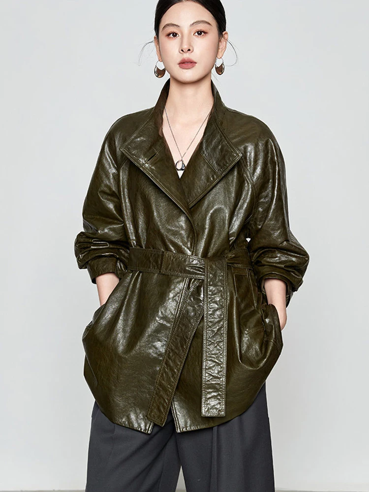 Mid-length Genuine Leather Windbreaker Jackets for Women Spring Autumn Simple Solid Soft Oil Wax Real Sheepskin Coat with Belt
Mid-length Genuine Leather Windbreaker Jackets for Women Spring Autumn Simple Solid Soft Oil Wax Real Sheepskin Coat with Belt