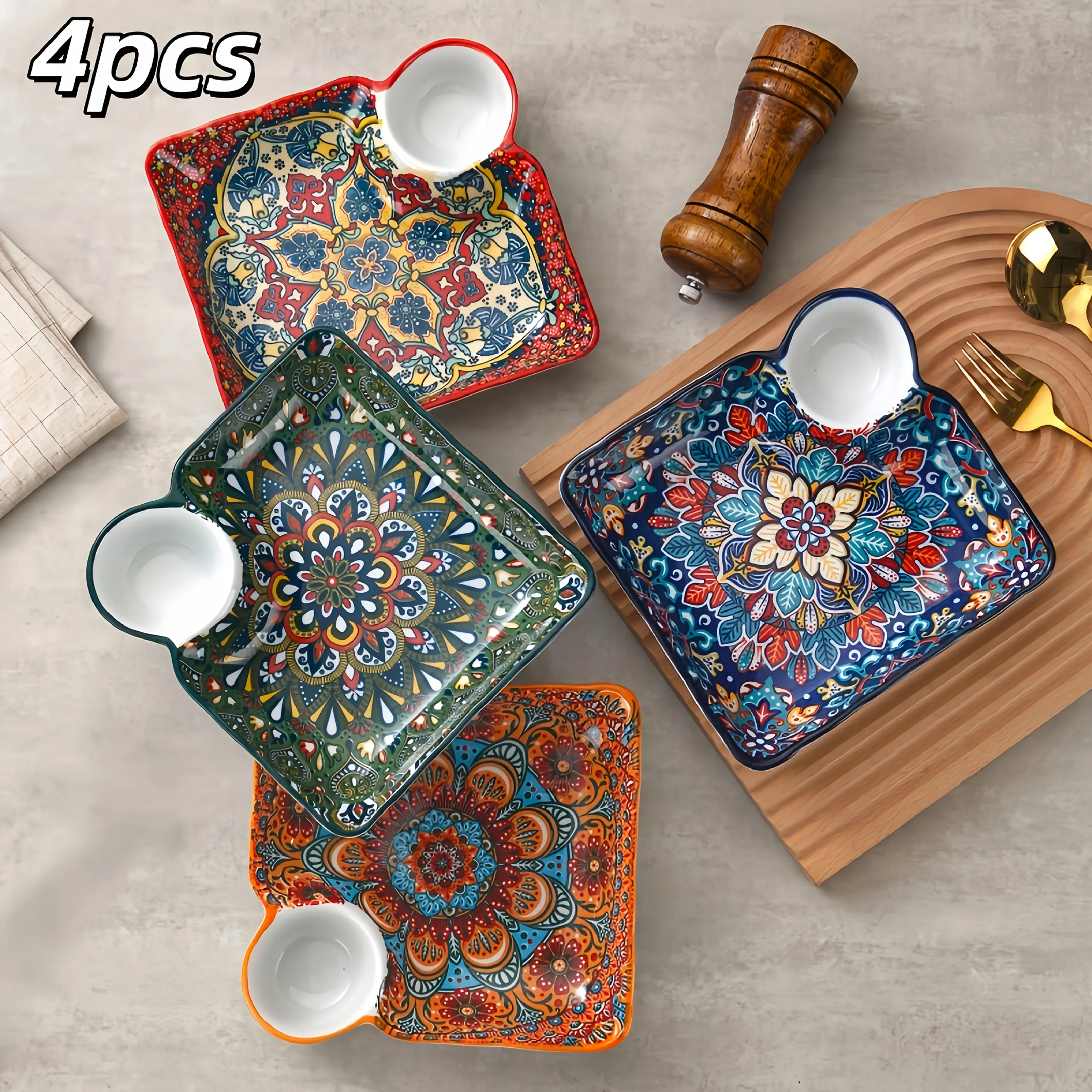 Set of 4 Ceramic Plates in Bohemian Style Featuring Vibrant Floral Designs, Ideal for Serving Dumplings, Seafood, Breakfast Item
Set of 4 Ceramic Plates in Bohemian Style Featuring Vibrant Floral Designs, Ideal for Serving Dumplings, Seafood, Breakfast Item
