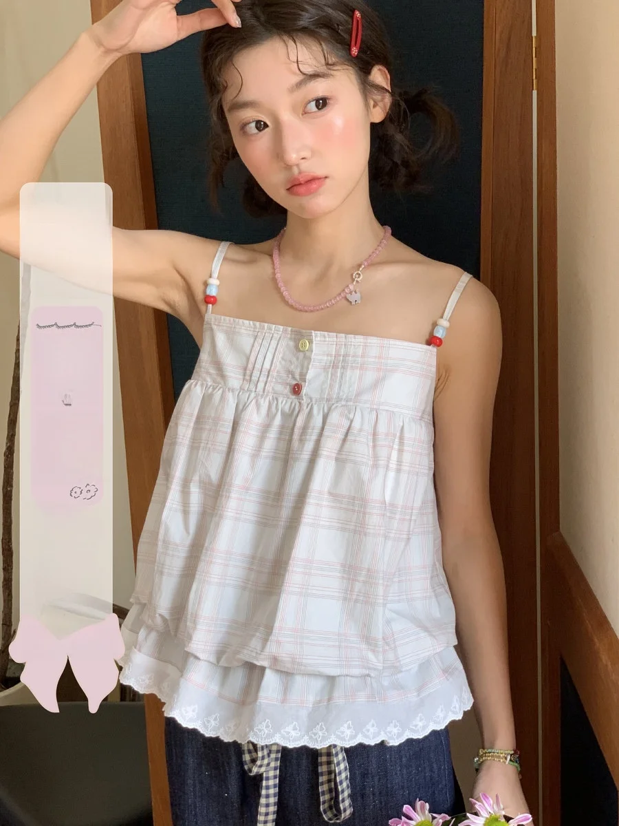 Bead Plaid Strap Splicing Flower Bud Vest Women's Sweet Sle Loose Fit Cotton Summer Casual off oulder Top
Bead Plaid Strap Splicing Flower Bud Vest Women's Sweet Sle Loose Fit Cotton Summer Casual off oulder Top