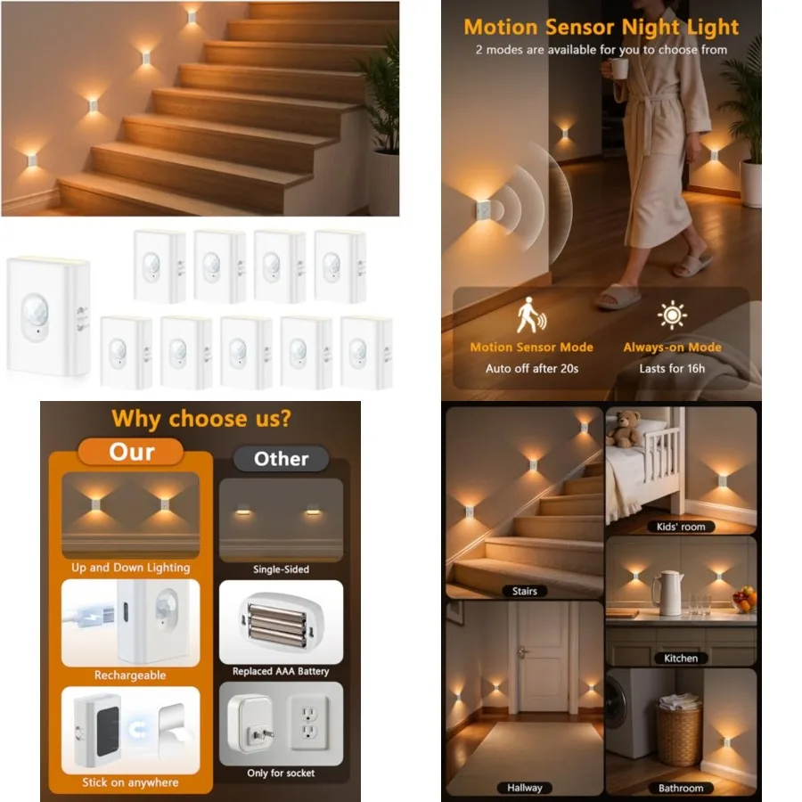 Rechargeable Motion Sensor Night Lights for Stairs, 10 Pack Wireless Magnetic Stick-On Battery Lights for Hallway, Bedroom, Clo
Rechargeable Motion Sensor Night Lights for Stairs, 10 Pack Wireless Magnetic Stick-On Battery Lights for Hallway, Bedroom, Clo