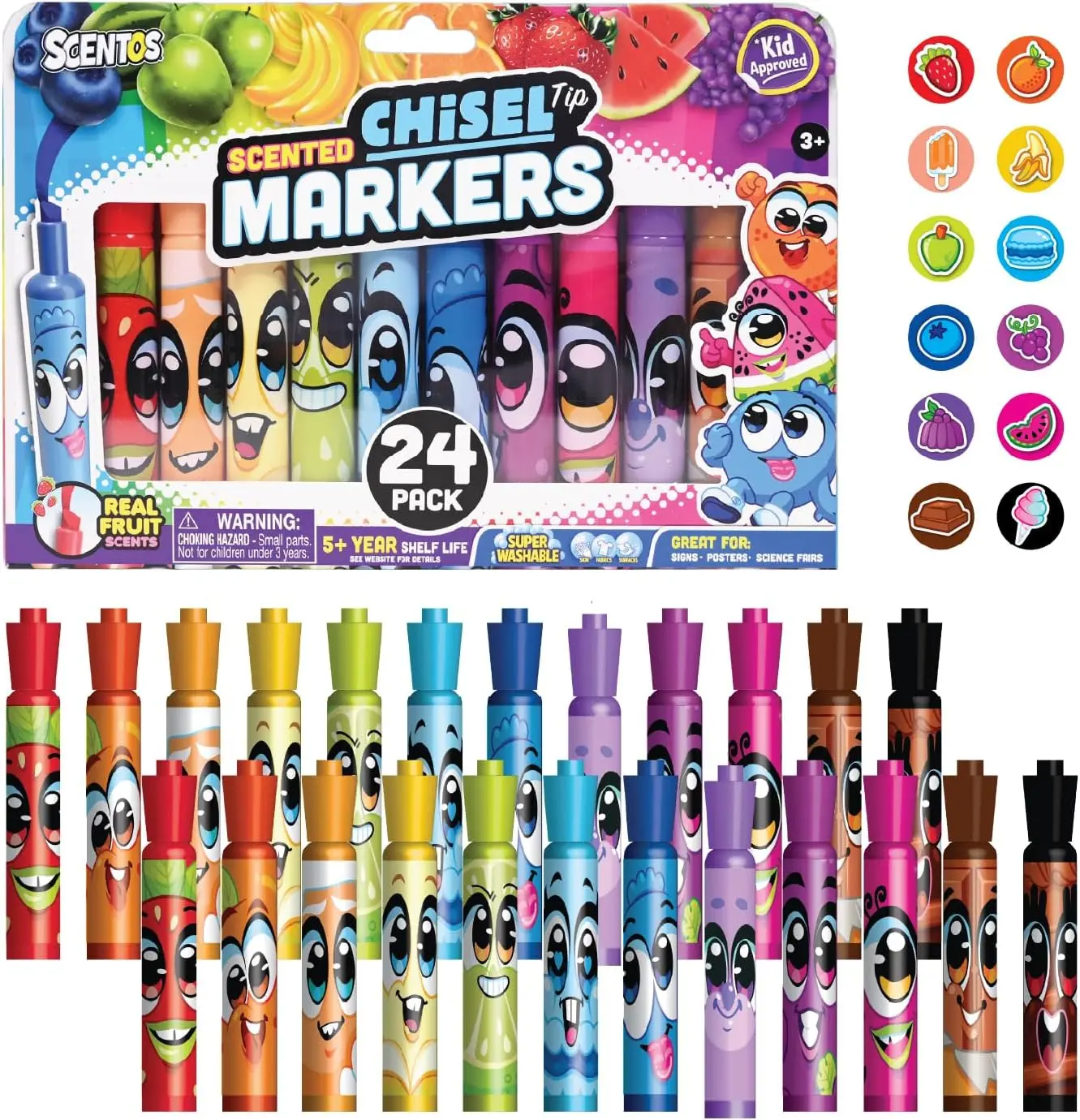Fruit Scented Chisel Tip Markers, 24 Pack, Super Washable, Assorted Colors, for Posters & Science Fairs
Fruit Scented Chisel Tip Markers, 24 Pack, Super Washable, Assorted Colors, for Posters & Science Fairs