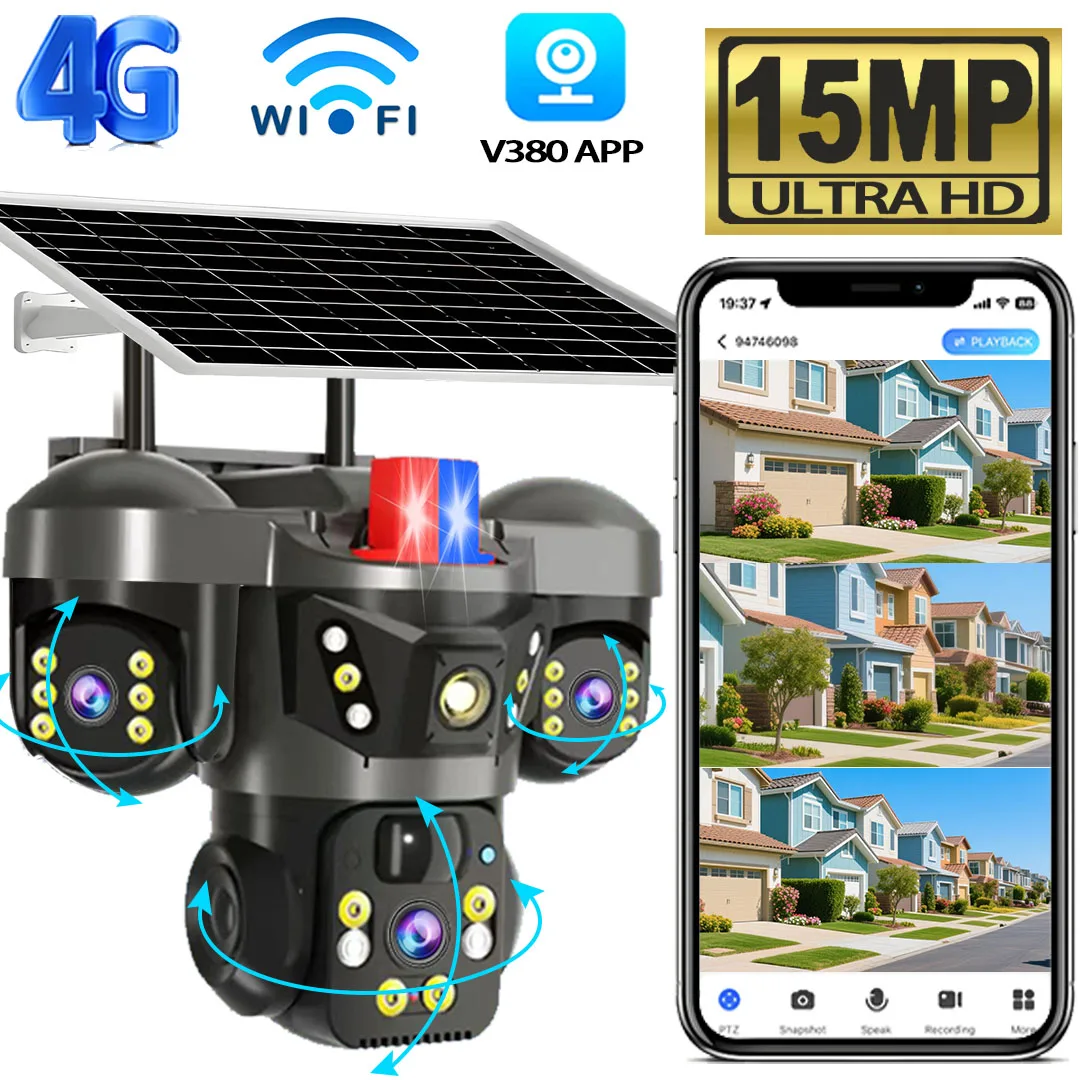 Solar Camera Wireless WiFi Three Lens Three Screen 4G Sim Card Solaire Cam Human Detection Outdoor Solar Surveillance V380
Solar Camera Wireless WiFi Three Lens Three Screen 4G Sim Card Solaire Cam Human Detection Outdoor Solar Surveillance V380