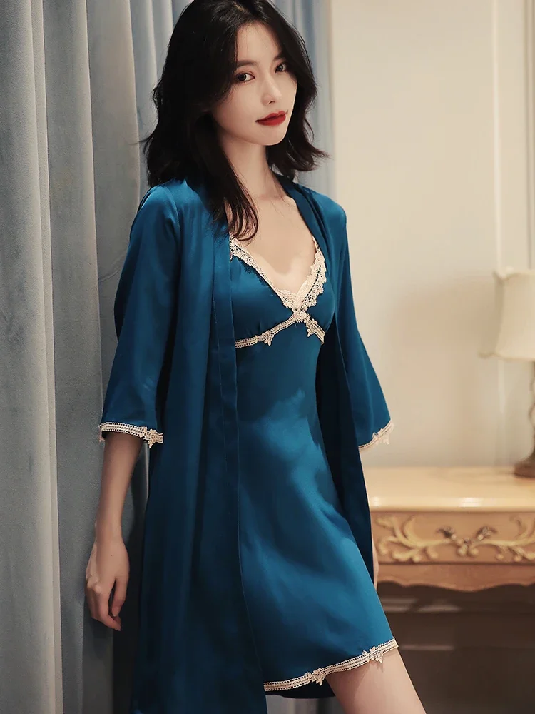 New blue color V-neck lace hollow silk sleepwear suspender nightgown, home suit set, thin design
New blue color V-neck lace hollow silk sleepwear suspender nightgown, home suit set, thin design