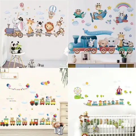 Cartoon Animals Ride On Small Trains Bedroom Decals Wall Stickers For kids Rooms Children Bedroom Wall Decals 3d vivid Poster