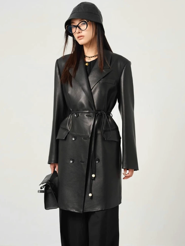 Lace-up Long Genuine Leather Windbreaker Jackets for Women Spring Autumn High-end Simple Soft Black Real Sheepskin Trench Coat
Lace-up Long Genuine Leather Windbreaker Jackets for Women Spring Autumn High-end Simple Soft Black Real Sheepskin Trench Coat