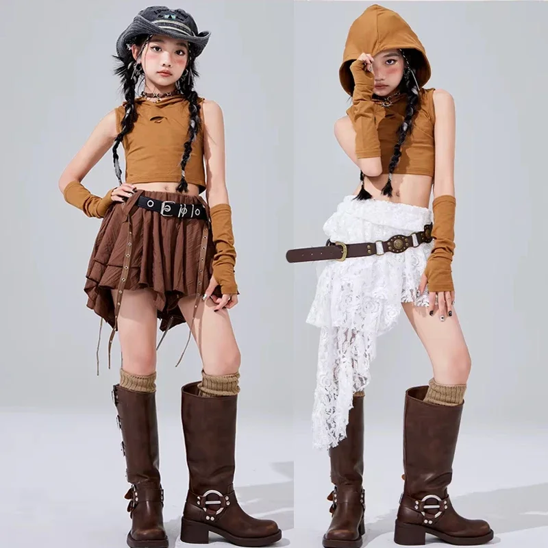 Kid Kpop Stage Outfit Jazz Dance Girl Clothes White Lace Skirt Brown Pleated Skirt Fashion Clothes Children Streetwear
Kid Kpop Stage Outfit Jazz Dance Girl Clothes White Lace Skirt Brown Pleated Skirt Fashion Clothes Children Streetwear