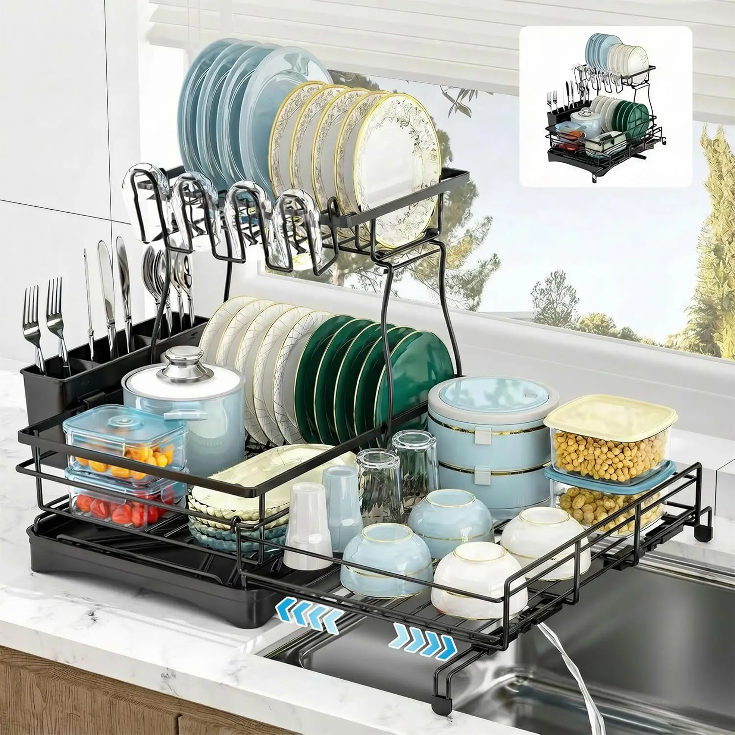 2-Tier Extendable Dish Drying Rack with Drainboard, Anti-Rust Stainless Steel for Kitchen Counter or Over Sink, Black
2-Tier Extendable Dish Drying Rack with Drainboard, Anti-Rust Stainless Steel for Kitchen Counter or Over Sink, Black